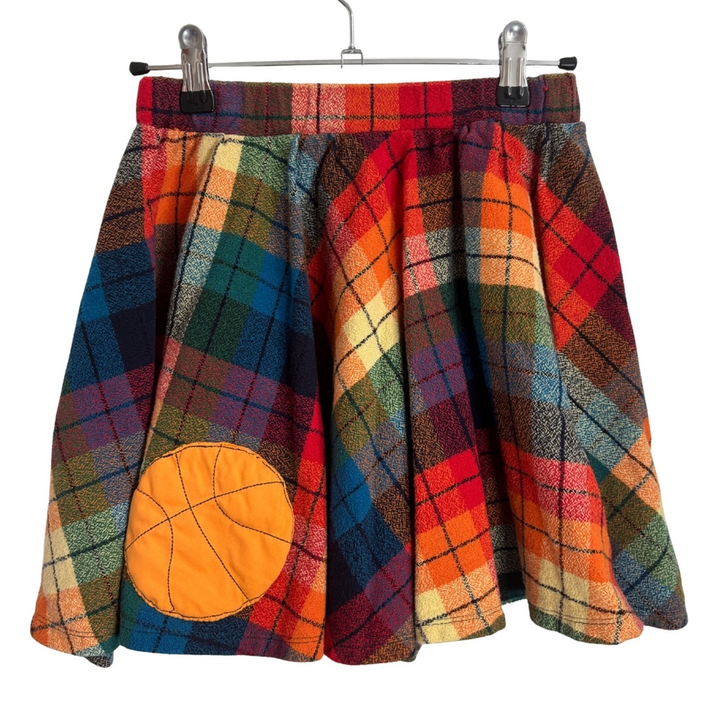 Handmade Multicolor Plaid Skirt with Orange Basketball Sports Patch College